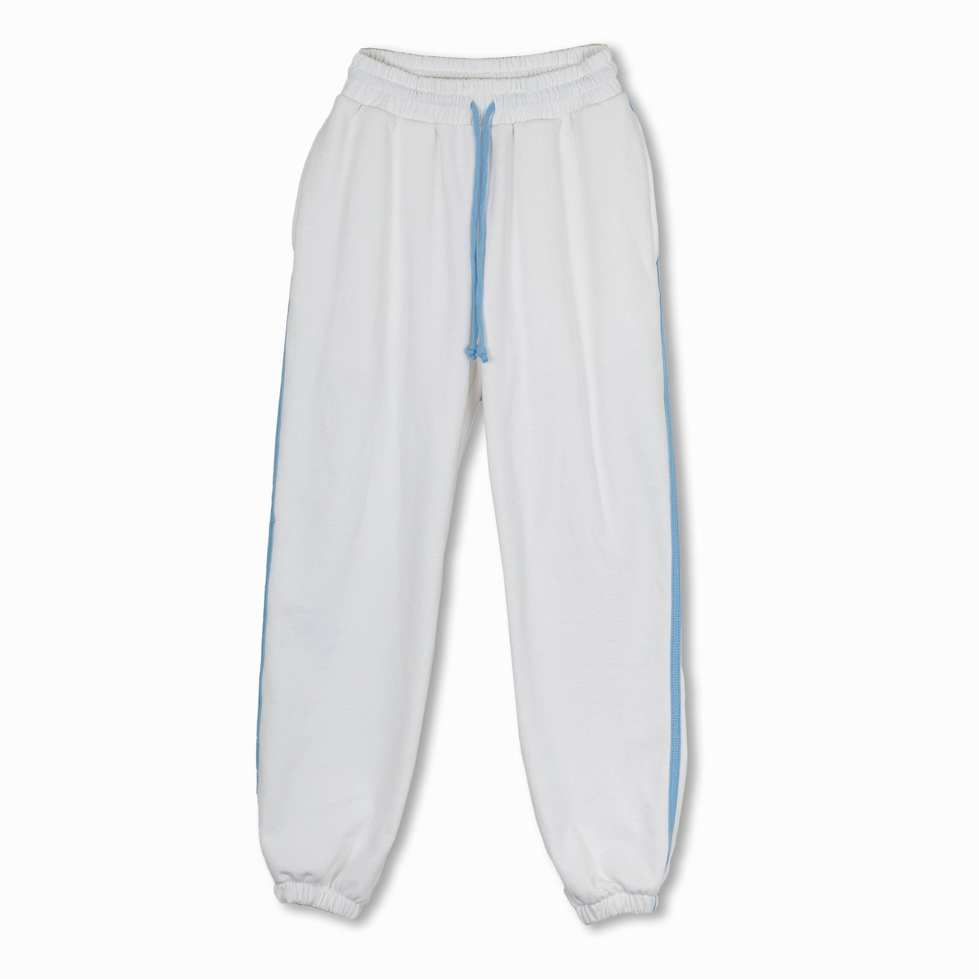 Sofia Baggy Sweatpants - White Pearl with Blue Aquamarine Trim - Bradford Row